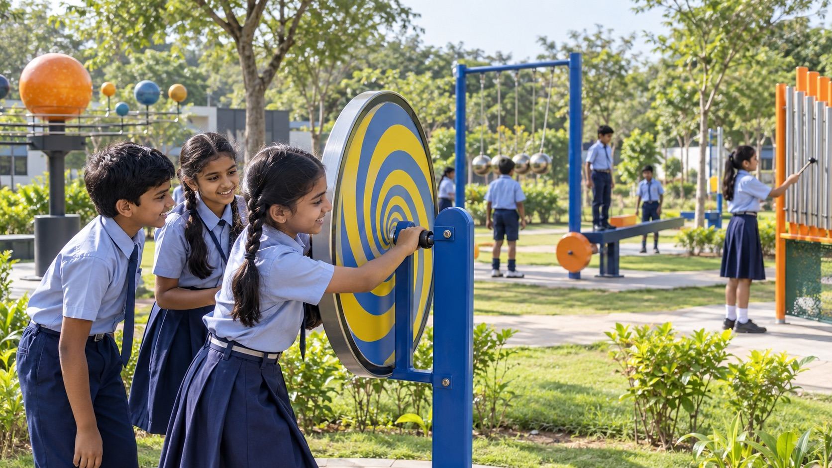 Children interacting with an outdoor science park exhibit