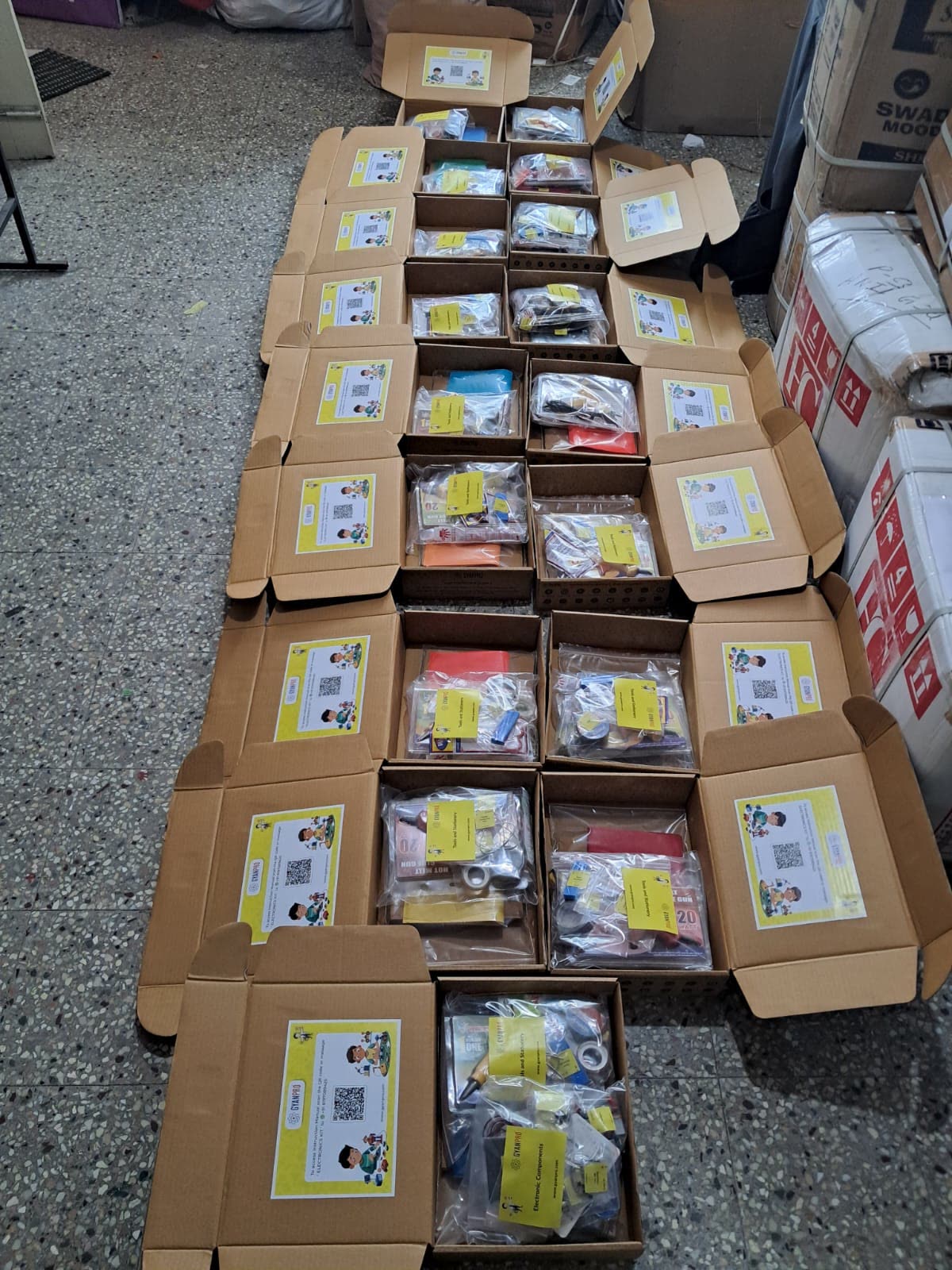 Educational kits packed and prepared for dispatch